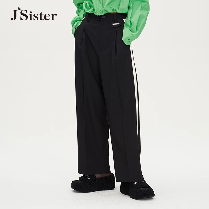 jsister春季新款休闲裤 JS女装时尚休闲通勤风设计感高腰阔腿裤