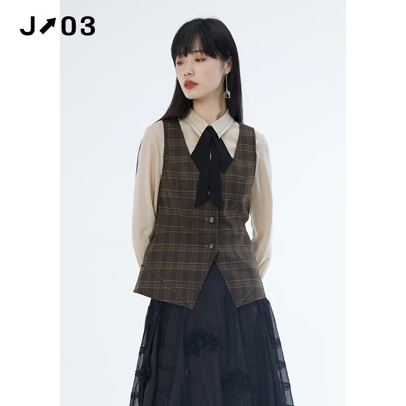 J03女装 秋季新款衬衫  时尚休闲复古格子马甲拼接假两件