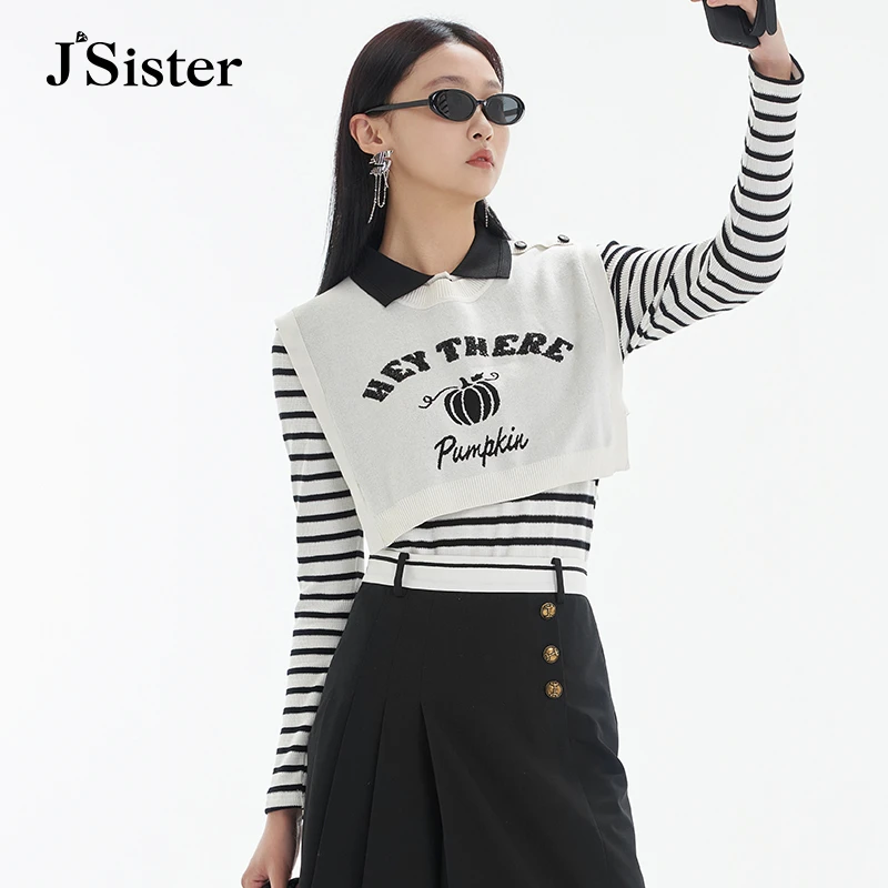 jsister秋季新款针织衫 JS女装时尚条纹长袖上衣