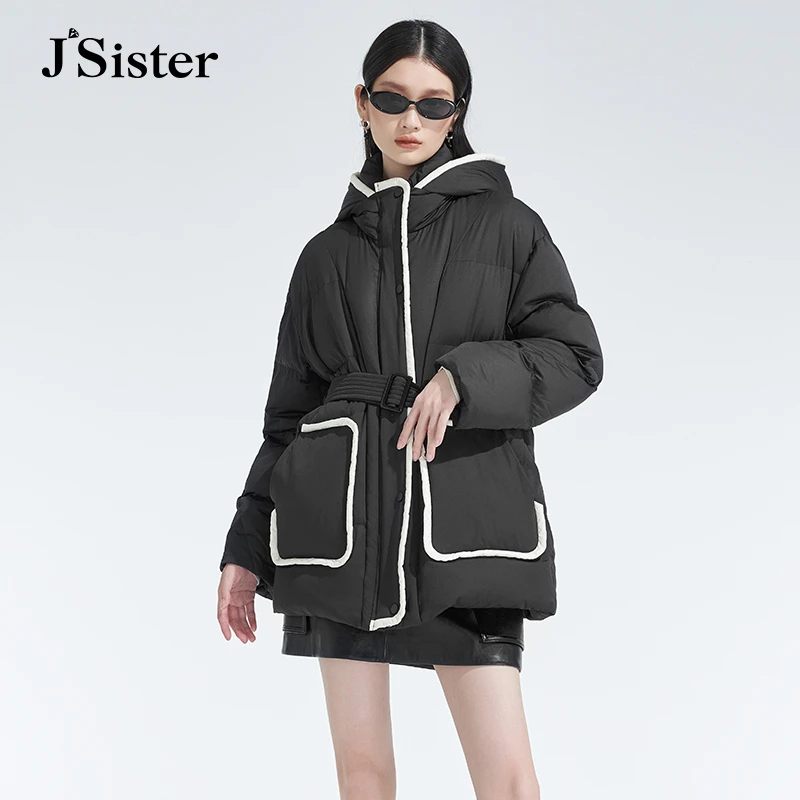 jsister冬装新款JS女装时尚黑色连帽流行羽绒服羽绒服女