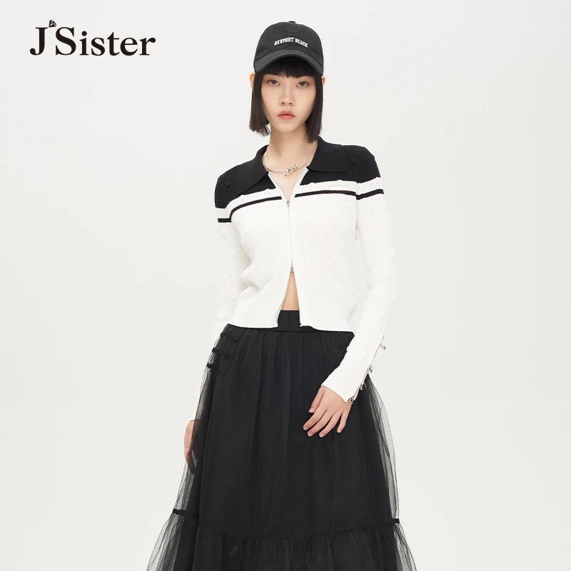 jsister秋季新款针织衫 JS女装时尚休闲通勤百搭拼色拉链长袖上衣
