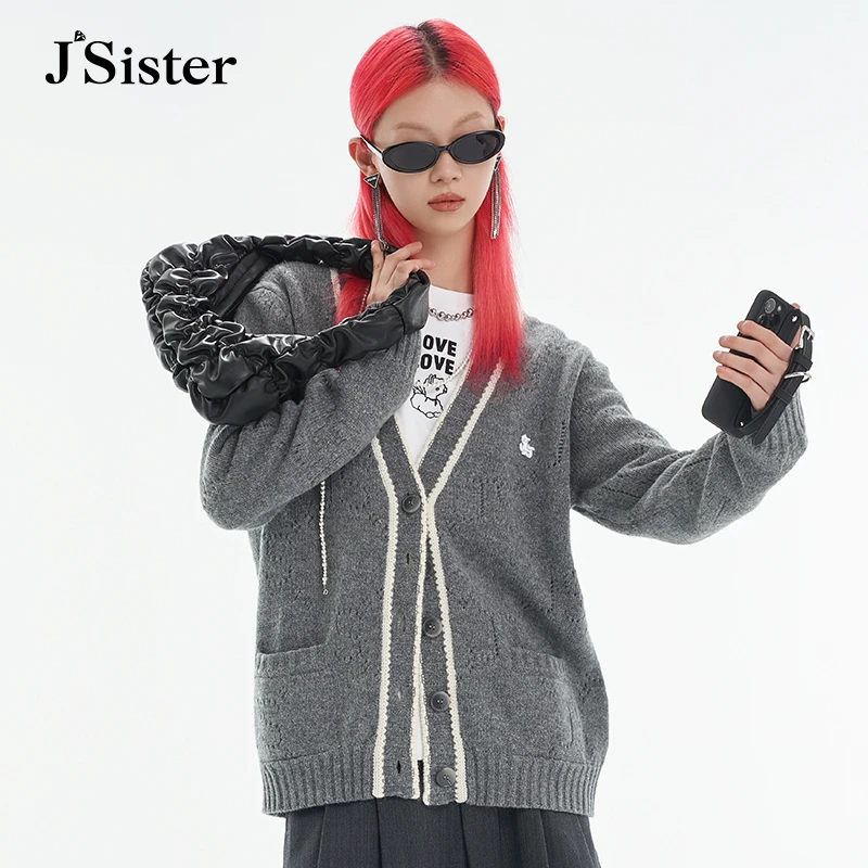 jsister秋季新款针织衫 JS女装时尚灰色慵懒风开衫