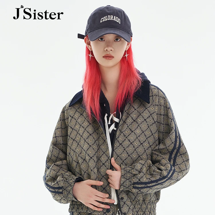 jsister秋季新款外套 JS女装时尚百搭格纹花咖外套