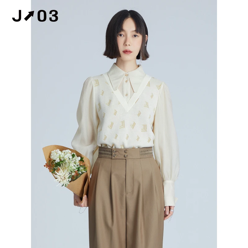 J03女装 春季新款针织衫 时尚简约拼接假两件上衣