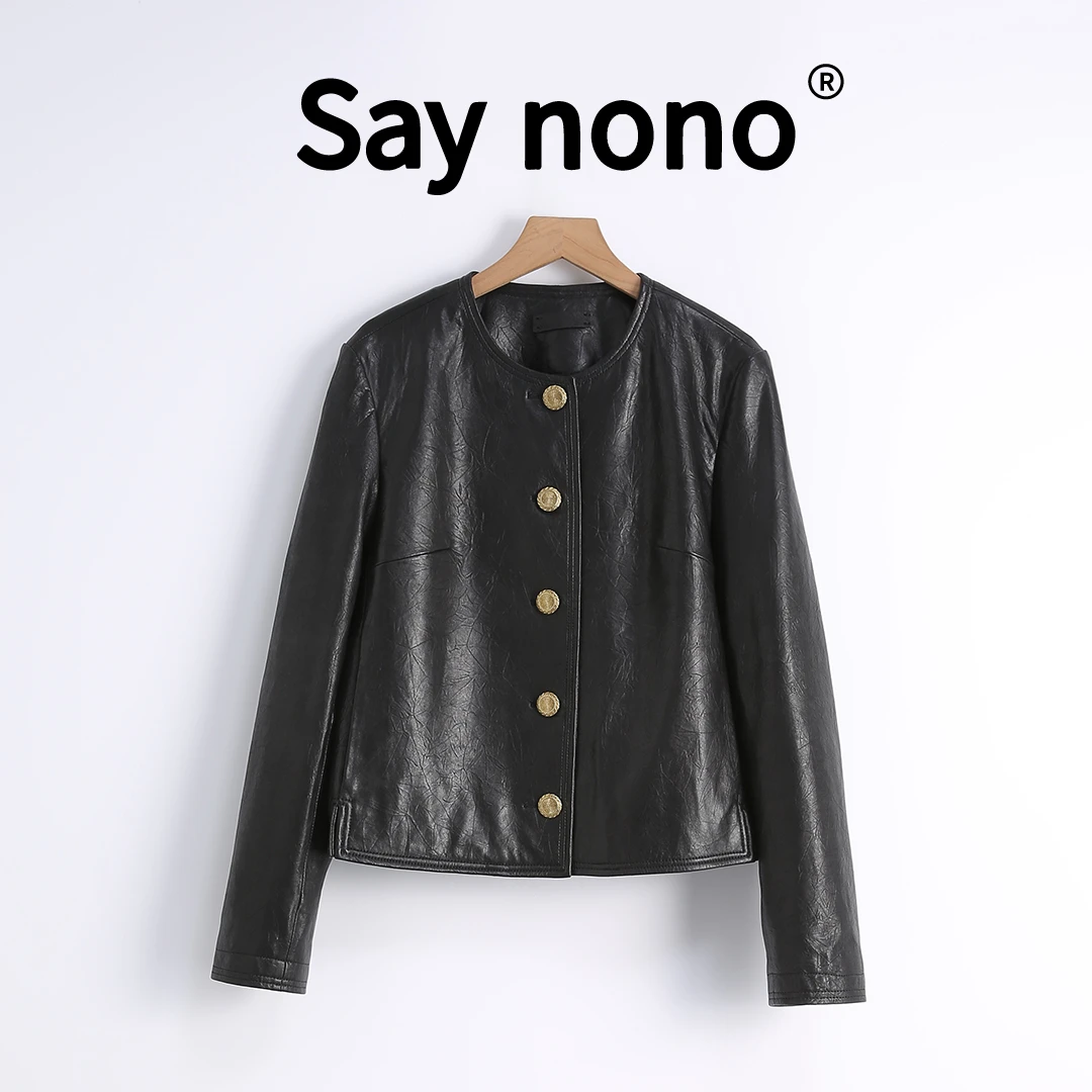 懒猫nono│Saynono 万年青＿正肩小短款亚金定制五金皮衣/LQ24233