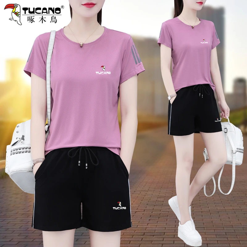 啄木鸟休闲运动服套装女夏季2025新款冰丝凉感速干短袖短裤两件套