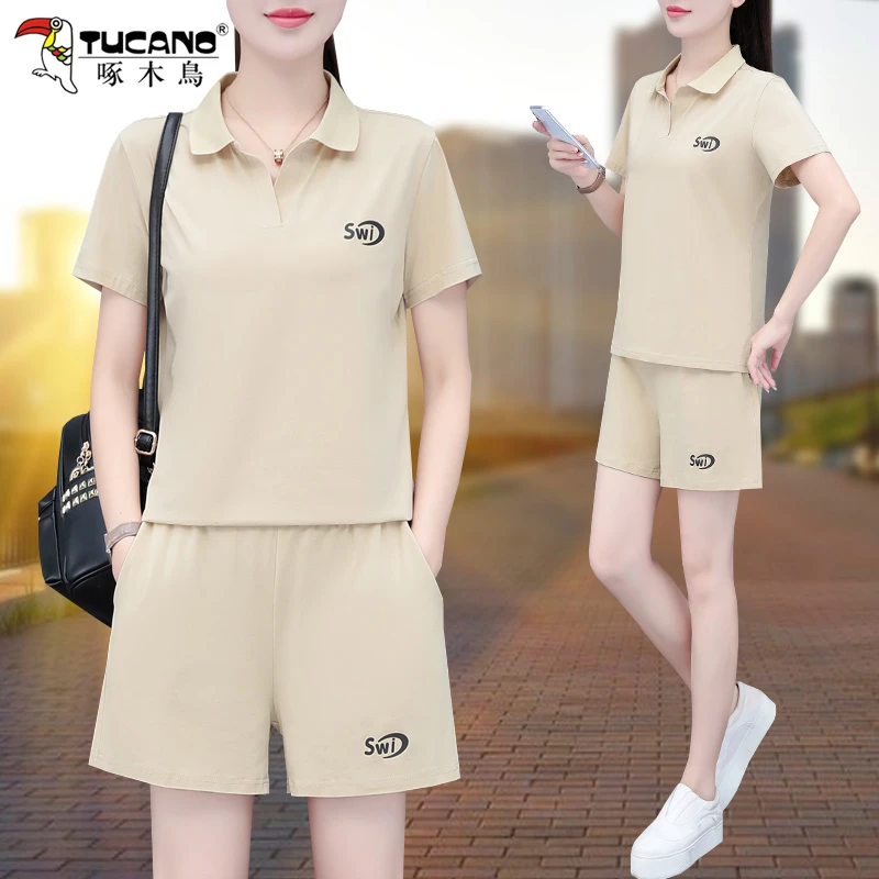 啄木鸟短袖短裤运动套装夏季新款女时尚妈妈女士跑步休闲两件套