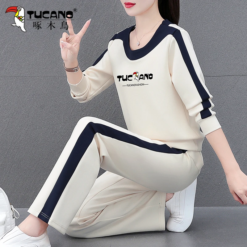 啄木鸟加绒卫衣套装女秋冬2025新款时尚洋气保暖圆领运动装两件套