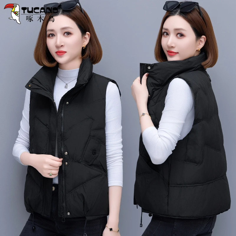 啄木鸟短款羽绒服马甲女款秋冬2024新款冬季立领加厚保暖坎肩马夹
