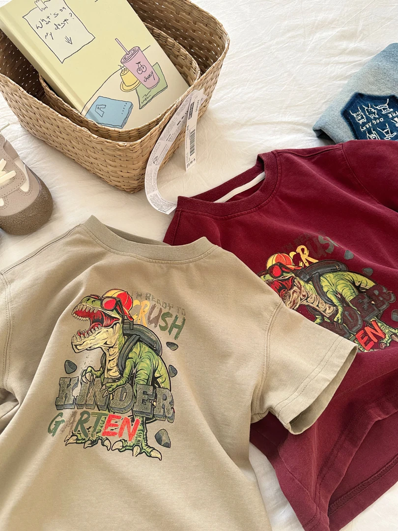 现货【夏日侏罗纪】230g美式潮牌双纱棉恐龙印花速干T恤夏百搭CK378