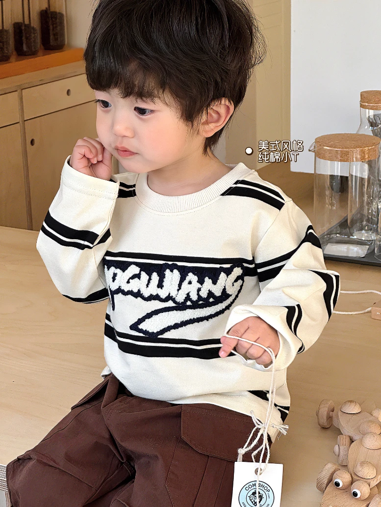断码清仓【经典美式条纹卫衣 】春款男童卫衣百搭立体毛巾绣CK325