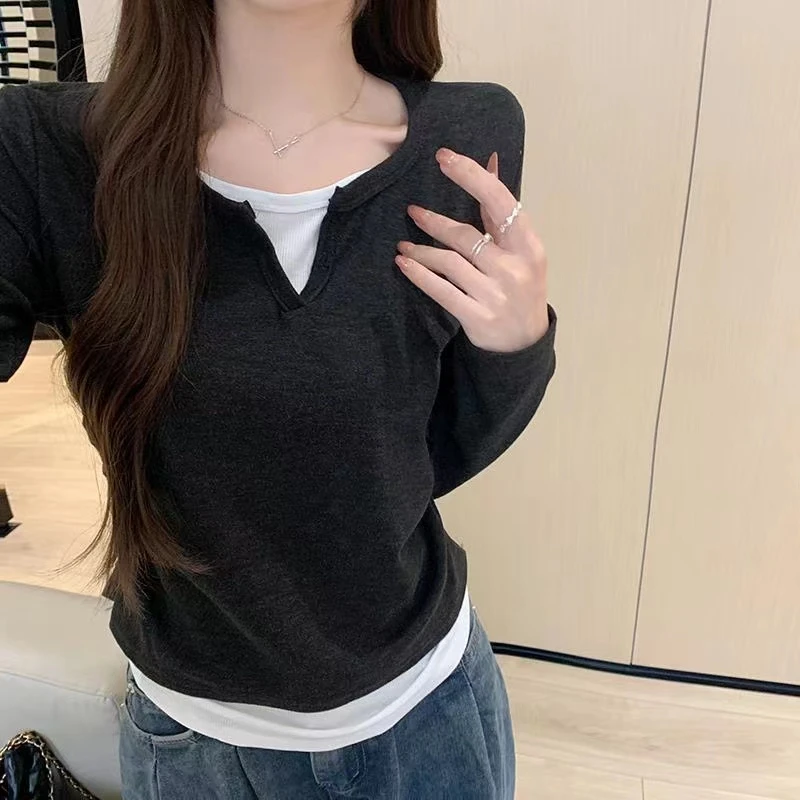 假两件撞色长袖t恤女早秋新款修身显瘦内搭小个子套头打底