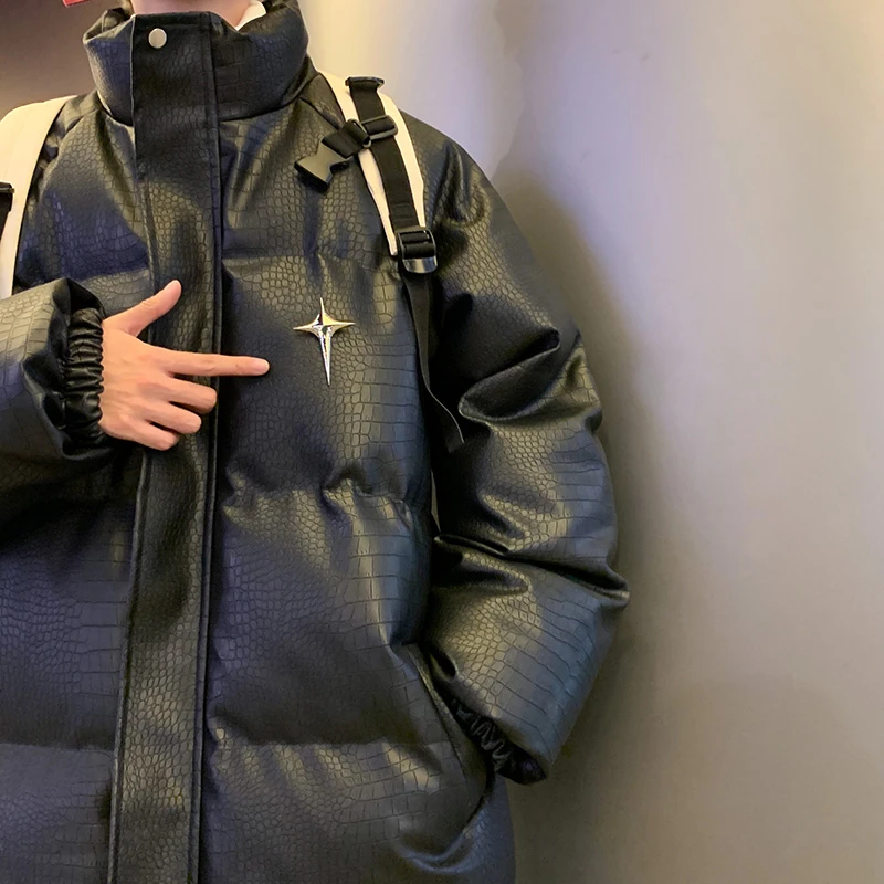 鳄鱼纹PU皮棉服男美式高街PU免洗皮衣加厚保暖潮牌帅气立领棉服