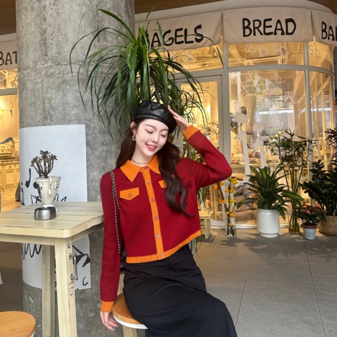 GIRDEAR/哥弟「绯红特调」秋冬新款拼色小香针织开衫1499222