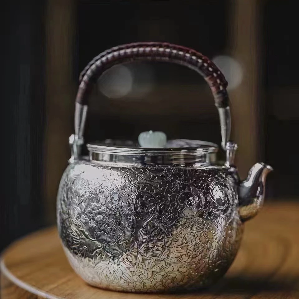银壶999烧水壶富贵牡丹中式家用复古纯手工银茶壶