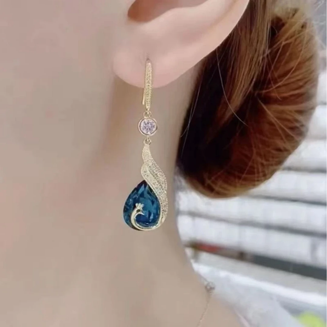 铜合金合成锆石耳饰 蓝色凤凰耳环气质轻奢优雅时尚耳环显脸瘦