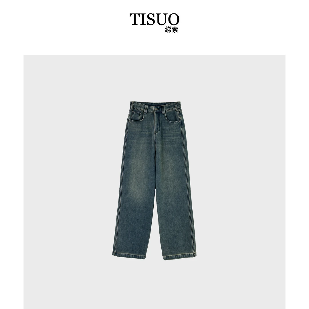 TISUO/绨索“马吉拉”做旧水洗百搭直筒加绒牛仔裤  TS312353