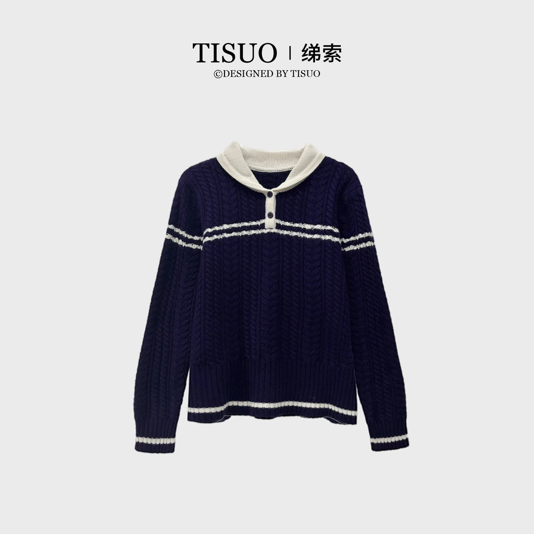 TISUO/绨索全羊毛撞 色娃娃翻领套头 针织衫 TS890033