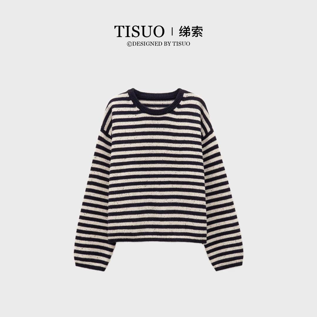 TISUO/绨索“罗马画报”全羊毛圆领撞色条纹针织上衣TS810182