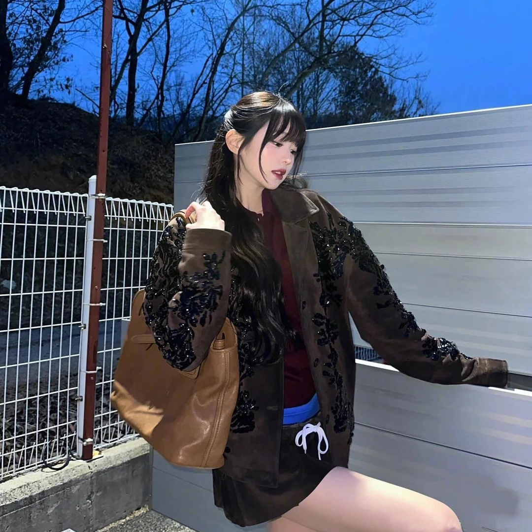 MIU张元英同款重工刺绣山羊皮反面绒高定外套2433