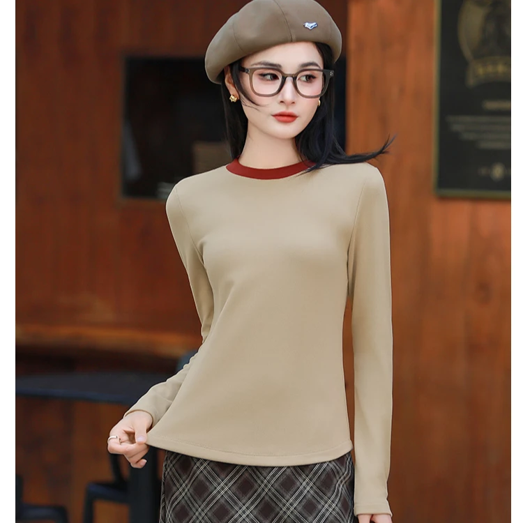 2024秋冬新品撞色领百搭圆领女款打底衫