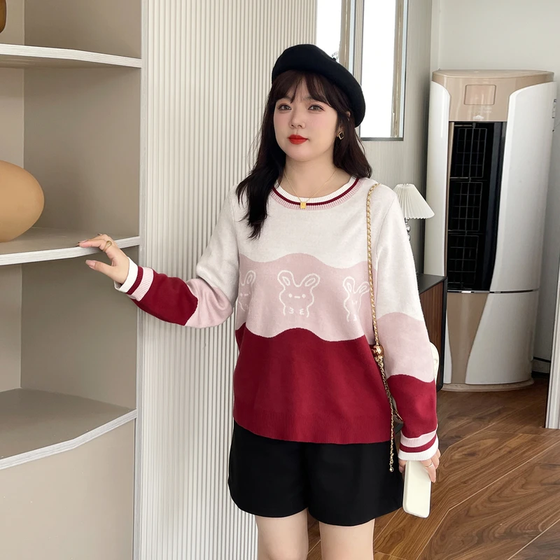 采多宝大码女装圆领少女感甜美风兔子提花毛衣CDMY298