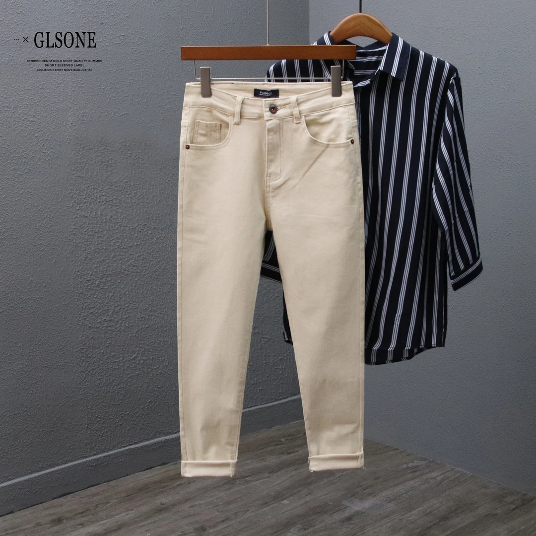 秋冬款卡其色牛仔裤男潮牌百搭修身九分裤子青年韩版简约休闲长裤