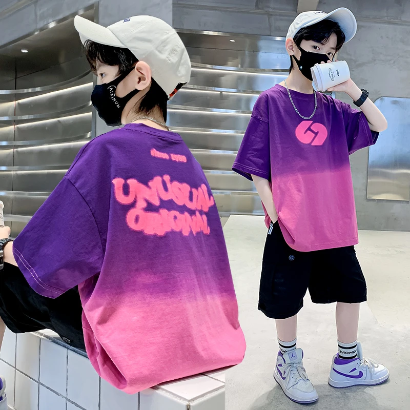 男童夏装T恤2025新款男孩中大童帅气炸街休闲短袖夏季渐变半袖潮