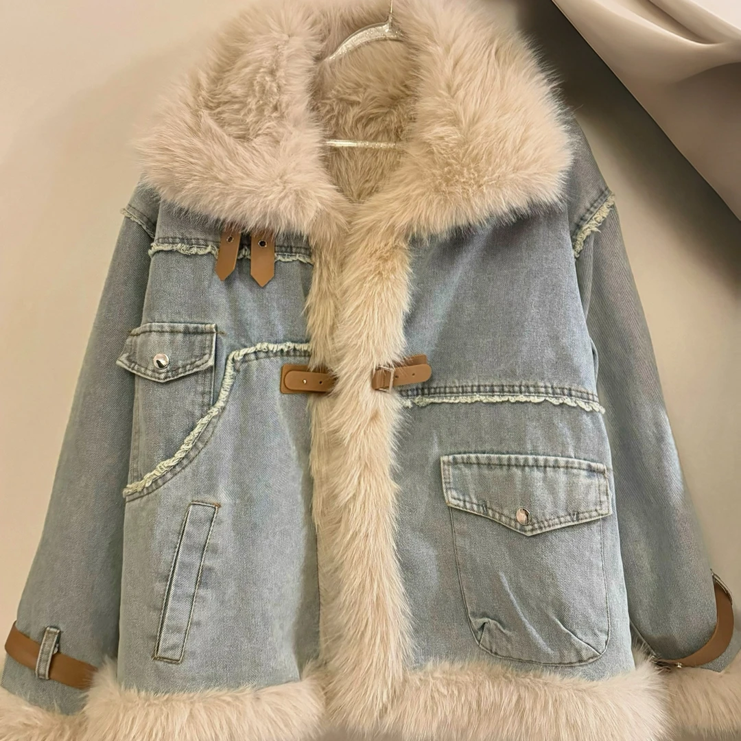 双面穿（402）内里加毛加厚时尚百搭气质女士韩版牛仔外套402