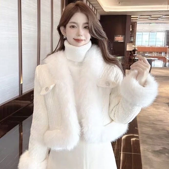 （BD芭迪新）冬季新款内里加毛加厚小短款时尚百搭气质女士毛毛外套