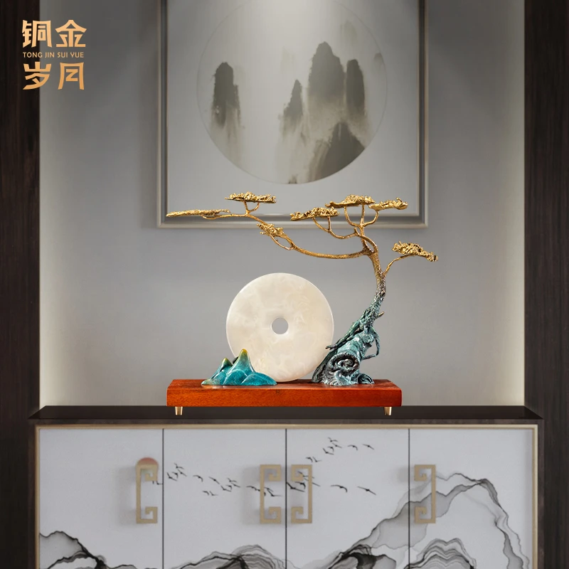 铜金岁月《一轮圆月贺江山》精品黄铜摆件新中式玄关摆设书房鹤摆件