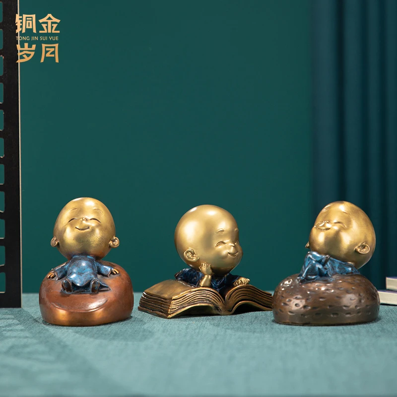 铜金岁月创意智慧小和尚精品黄铜摆件小和尚摆件禅意书房茶桌摆件