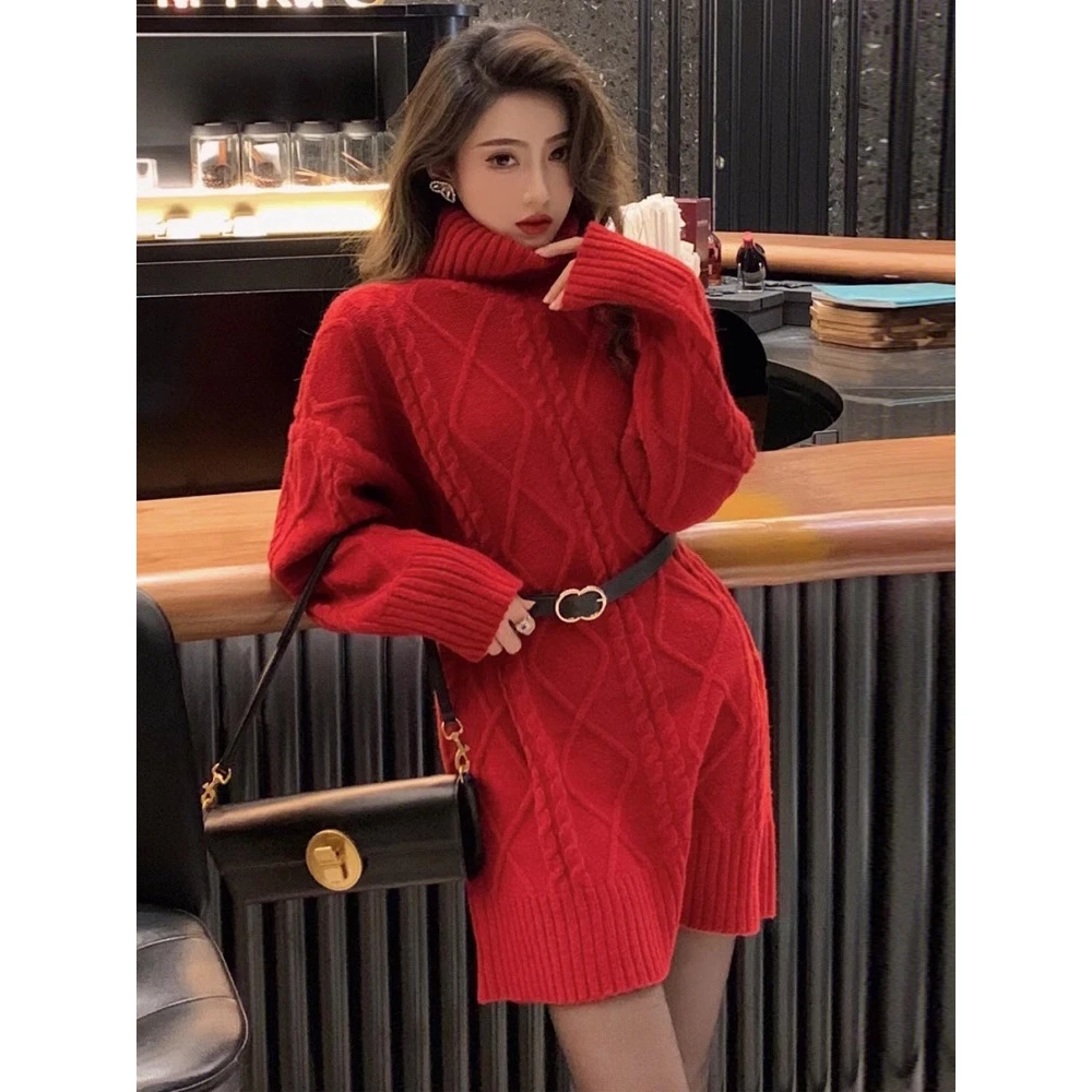 红色高领针织衫毛衣2024年秋冬款法式慵懒风气质高级感中长款别致