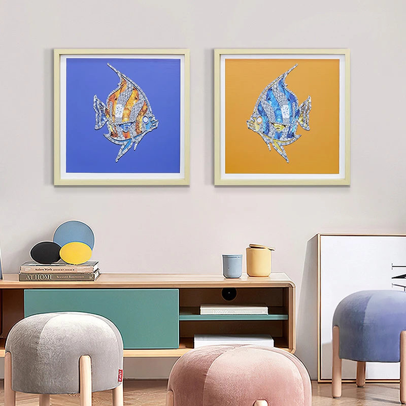 橙色歺餐厅装饰画现代饭厅挂画餐桌墙壁画两联画年年有鱼4040