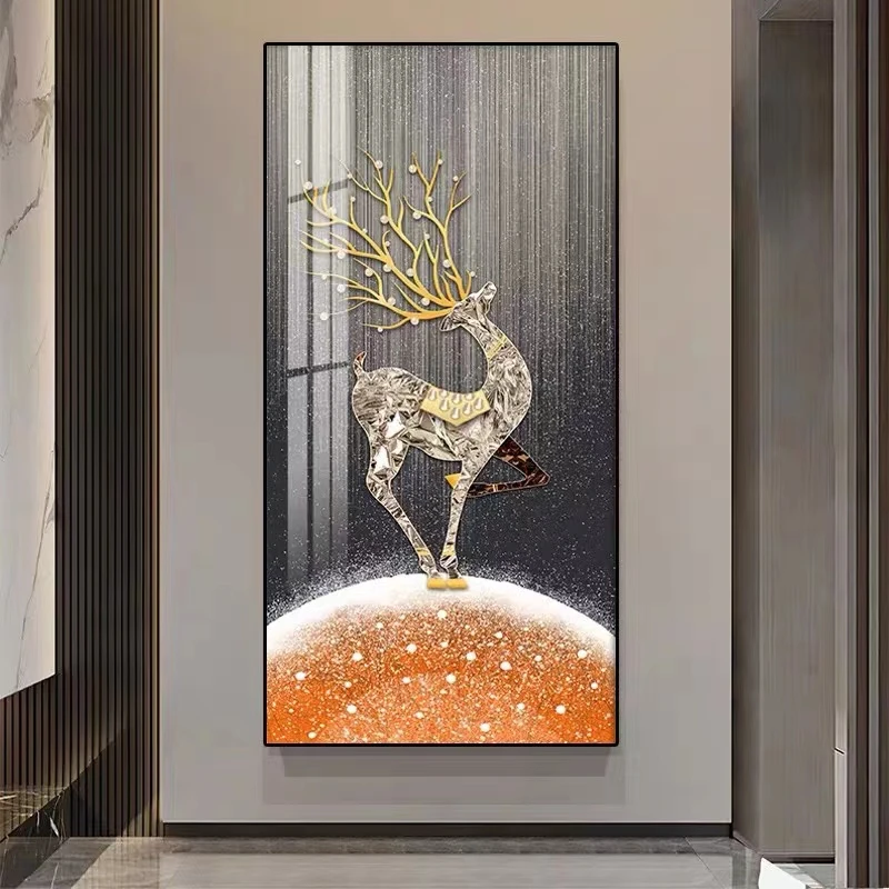 鹿入户玄关装饰画客厅竖版挂画铝合金边框沙发落地画鹿60120