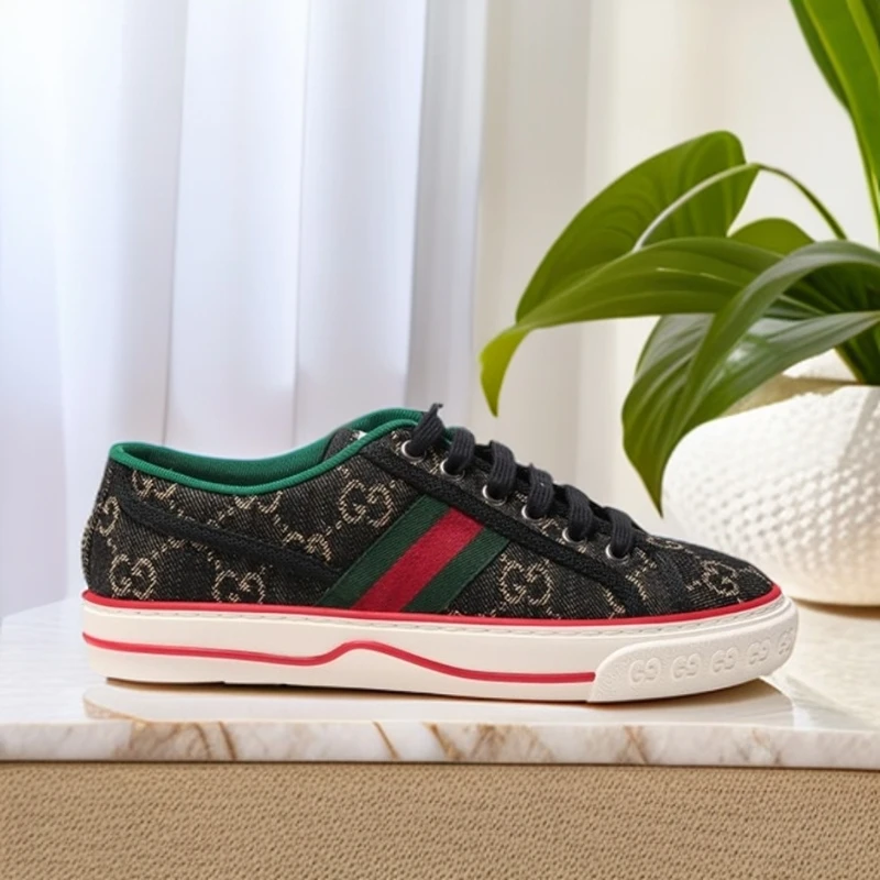 全新未使用 GUCCI/古驰 1977男女情侣黑色丹宁低帮休闲复古帆布鞋