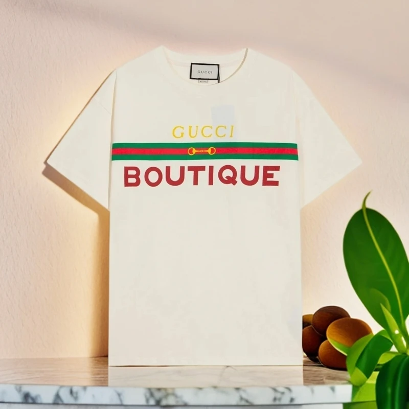 全新未使用 GUCCI/古驰 Boutique织带马衔扣夏季印花T恤米白色