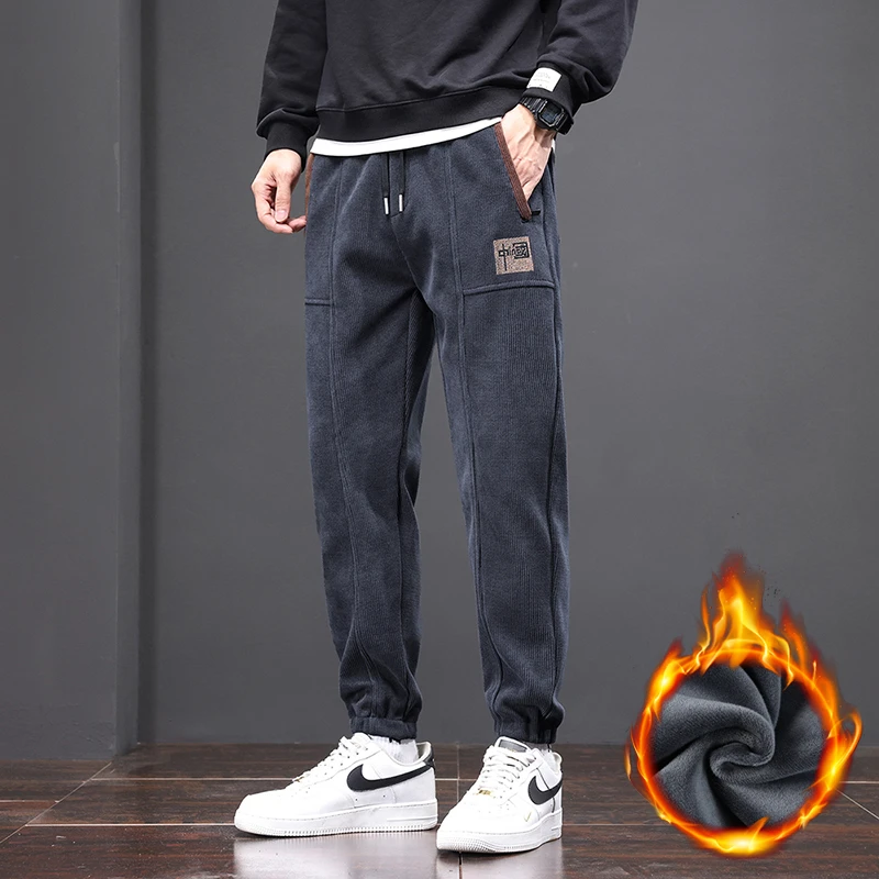 秋冬直筒加绒加厚男裤休闲刺绣休闲百搭松紧腰澳面绒细条纹长裤