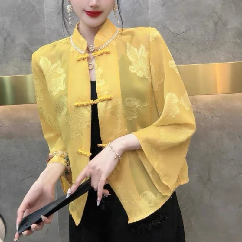 新国潮刺绣流苏黄色衬衫女春秋别致新款衬衣新中式改良上衣外套潮