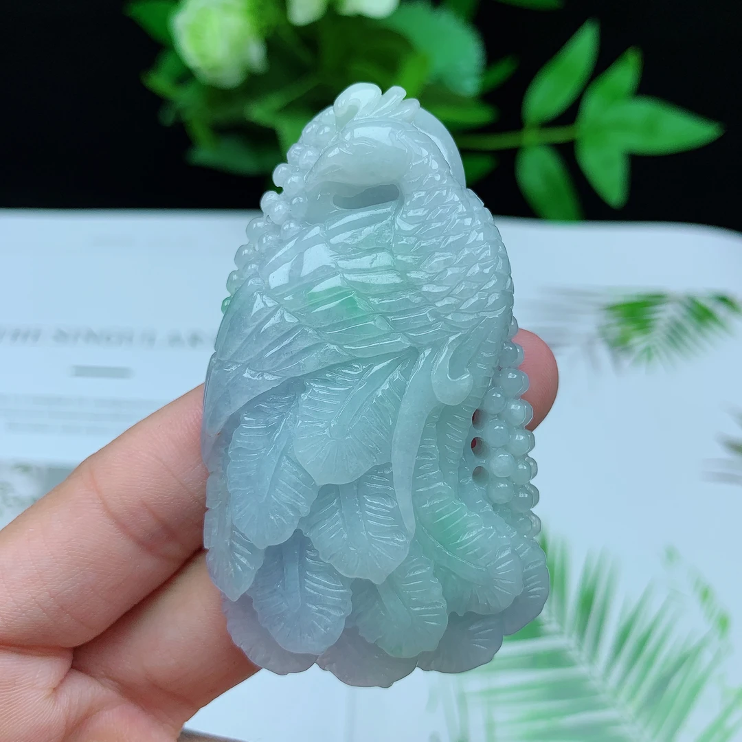 缅甸天然翡翠A货玉石飘绿花凤凰吊坠礼物紫罗兰春带彩精雕男女款