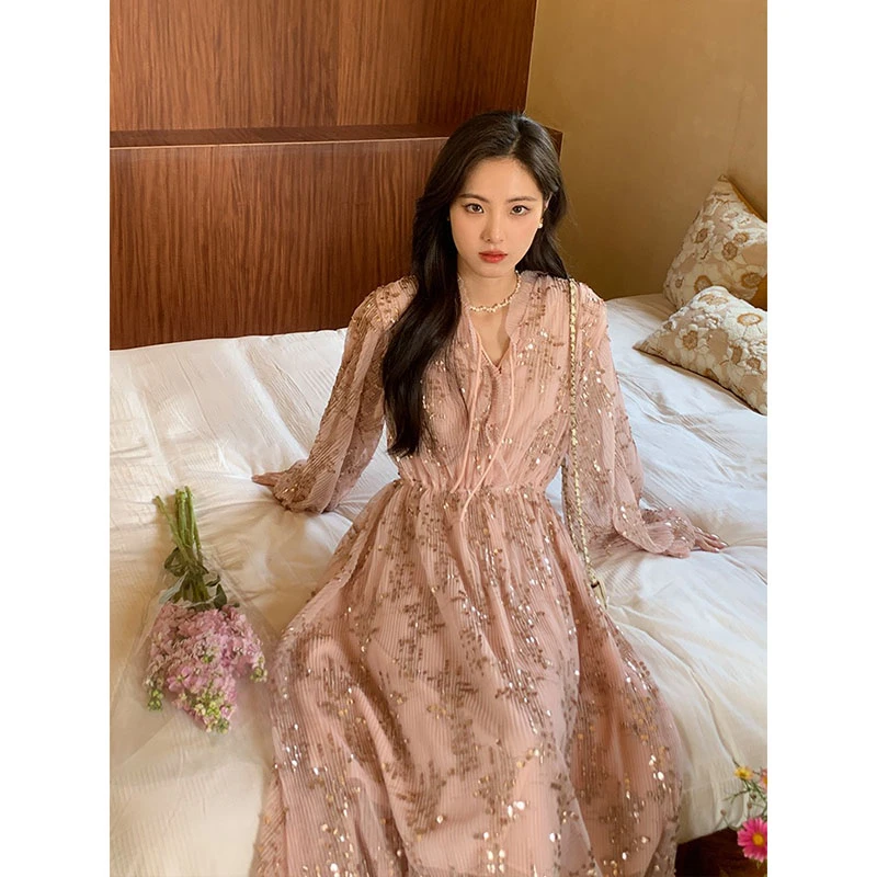 【春季新款】春夏法式温柔系穿搭高级感公主仙女长袖打底连衣裙 Z01