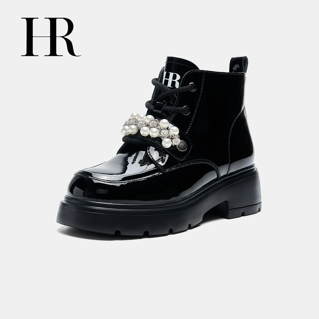 HR/赫莲娜女鞋2025秋季新款马丁靴公主风珍珠链条甜美时尚短筒靴