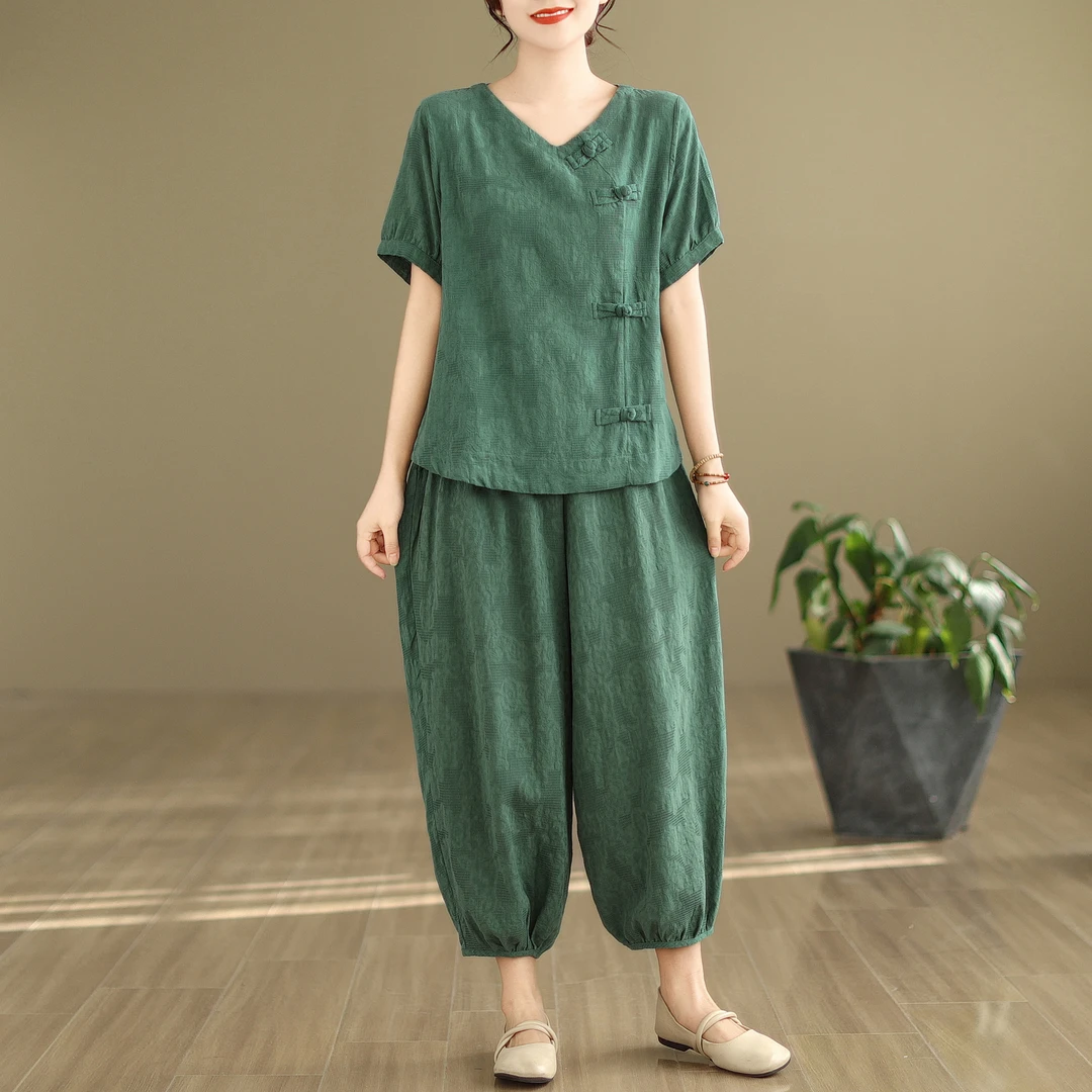 YX#【170斤可穿】时尚棉麻套装女宽松显瘦上衣灯笼裤两件套DY8282