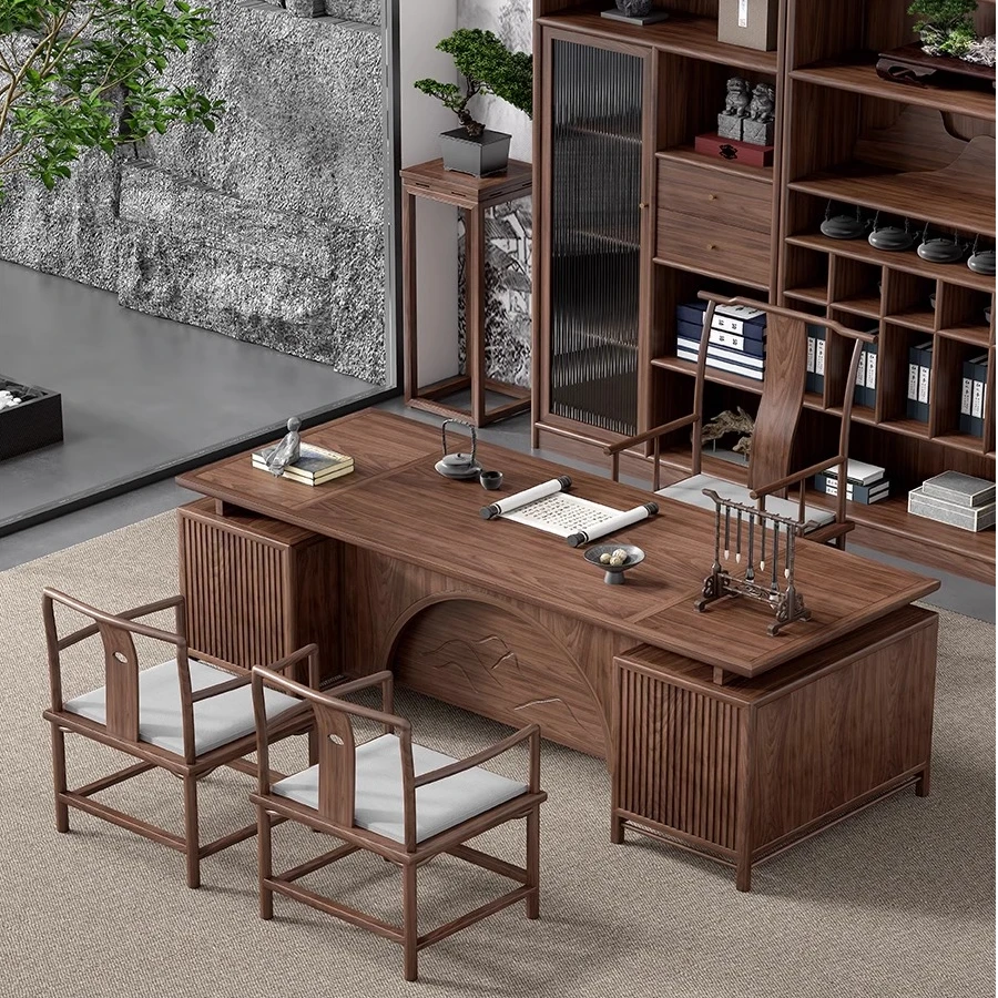 新中式宋式美学实木老板桌家具总经理大班台办公室榆木书桌椅组合