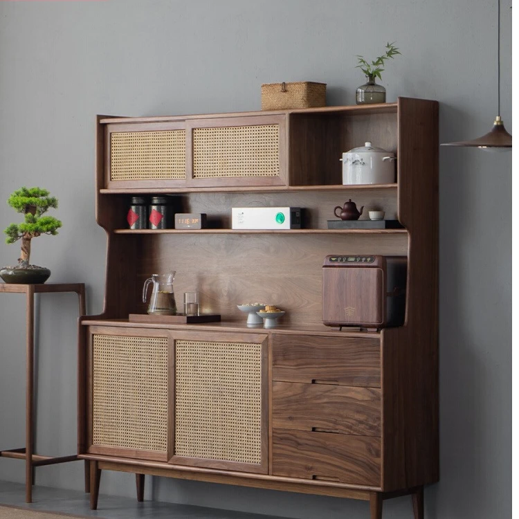 黑胡桃新中式实木藤编餐边柜酒柜一体靠墙实木餐厅柜子收纳储物柜