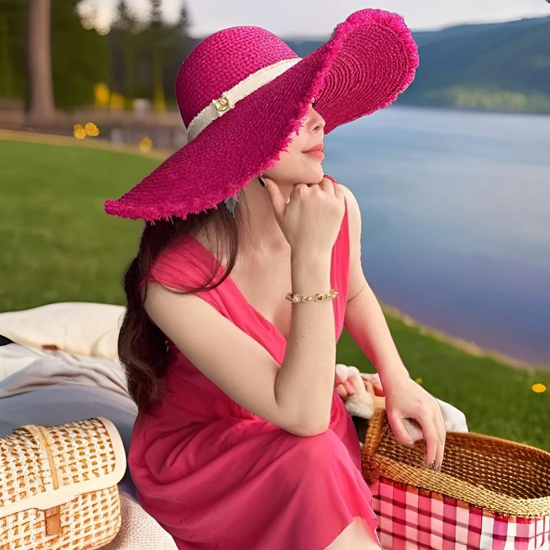 进口拉菲草帽子遮阳帽草帽时尚女士编织遮脸沙滩帽