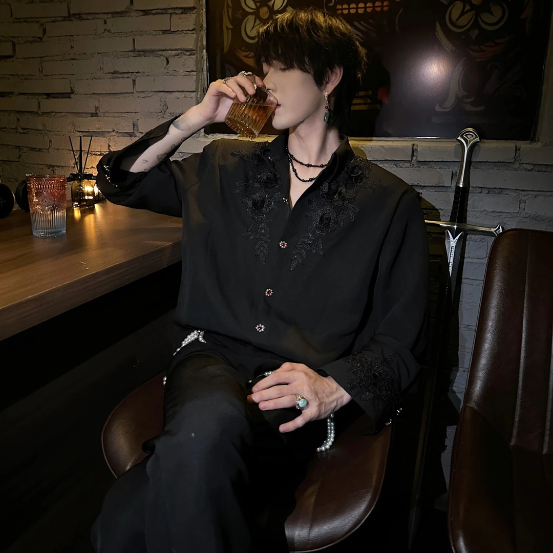 YUCGERX小众原创设计高定时尚秀场百搭暗黑花刺绣气质宫廷黑衬衫