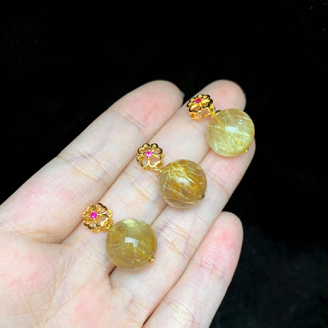 【小宝珠宝】14 T81425-S925银镶嵌金钛晶吊坠-多样性发一件-12mm+