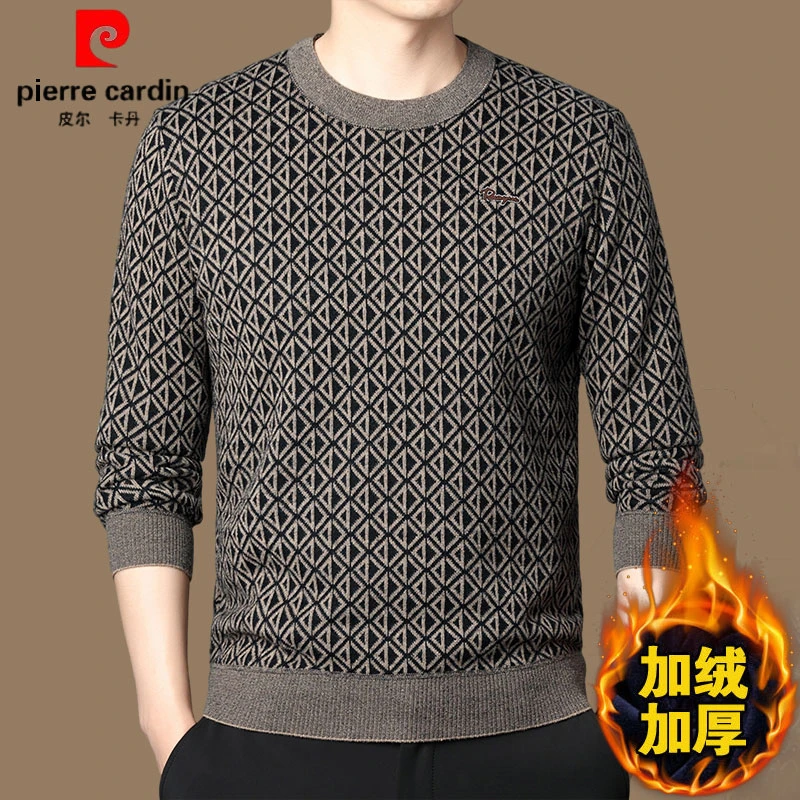 皮尔卡丹男士卫衣冬季高档圆领长袖打底衫加绒加厚保暖宽松t恤