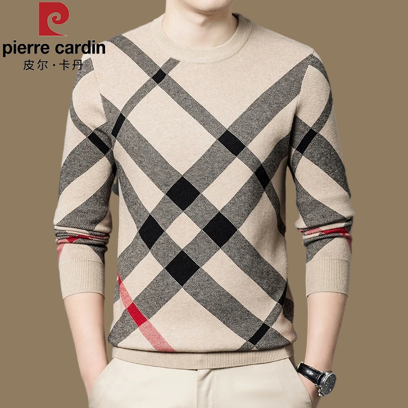 皮尔卡丹男士羊毛衫秋冬高档长袖针织衫圆领宽松格子时尚休闲毛衣
